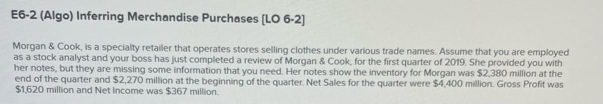 E6-2 (Algo) Inferring Merchandise Purchases [LO 6-2]
Morgan & Cook, is a specialty retailer that operates stores selling clothes under various trade names. Assume that you are employed
as a stock analyst and your boss has just completed a review of Morgan & Cook, for the first quarter of 2019. She provided you with
her notes, but they are missing some information that you need. Her notes show the inventory for Morgan was $2,380 million at the
end of the quarter and $2,270 million at the beginning of the quarter. Net Sales for the quarter were $4,400 million. Gross Profit was
$1,620 million and Net Income was $367 million.