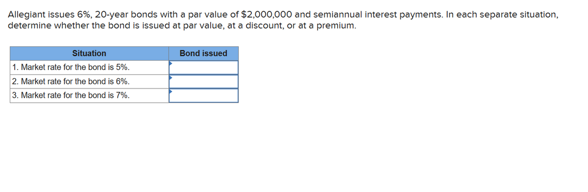 Allegiant issues 6%, 20-year bonds with a par value of $2,000,000 and semiannual interest payments. In each separate situation,
determine whether the bond is issued at par value, at a discount, or at a premium.
Situation
1. Market rate for the bond is 5%.
2. Market rate for the bond is 6%.
3. Market rate for the bond is 7%.
Bond issued