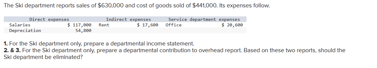 The Ski department reports sales of $630,000 and cost of goods sold of $441,000. Its expenses follow.
Direct expenses
Indirect expenses
Salaries
Depreciation
$ 117,000 Rent
54,800
$ 17,600
Service department expenses
Office
$ 20,600
1. For the Ski department only, prepare a departmental income statement.
2. & 3. For the Ski department only, prepare a departmental contribution to overhead report. Based on these two reports, should the
Ski department be eliminated?