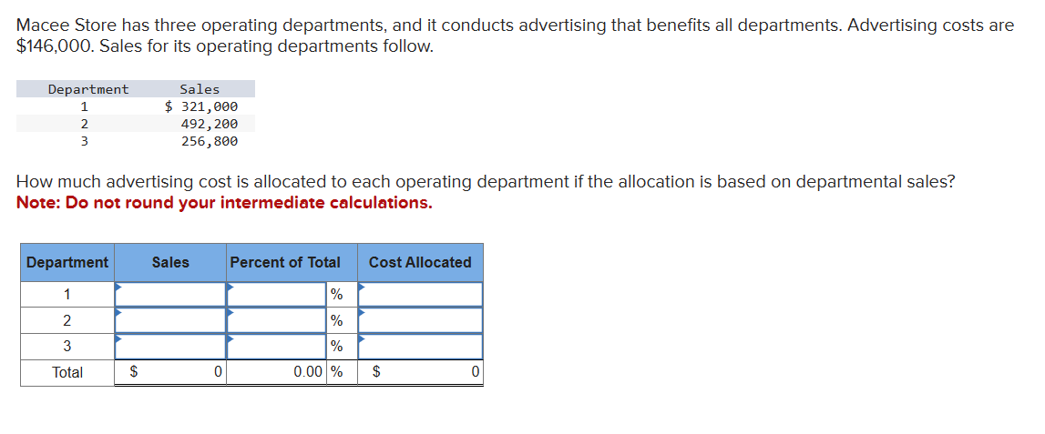 Macee Store has three operating departments, and it conducts advertising that benefits all departments. Advertising costs are
$146,000. Sales for its operating departments follow.
Department
1
2
3
Sales
$ 321,000
492,200
256,800
How much advertising cost is allocated to each operating department if the allocation is based on departmental sales?
Note: Do not round your intermediate calculations.
Department
1
Sales
Percent of Total
Cost Allocated
%
2
%
3
%
Total
$
0
0.00 %
$
0