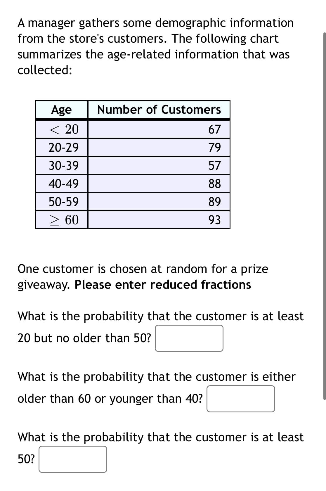 A manager gathers some demographic information
from the store's customers. The following chart
summarizes the age-related information that was
collected:
Age
Number of Customers
< 20
67
20-29
79
30-39
57
40-49
88
50-59
89
> 60
93
One customer is chosen at random for a prize
giveaway. Please enter reduced fractions
What is the probability that the customer is at least
20 but no older than 50?
What is the probability that the customer is either
older than 60 or younger than 40?
What is the probability that the customer is at least
50?
