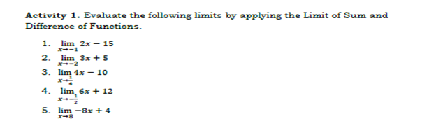 Activity 1. Evaluate the following limits by applying the Limit of Sum and
Difference of Functions.
lim 2x - 15
x--1
1.
2.
lim 3x + 5
x--2
3. lim 4x – 10
lim 6x + 12
x-
5. lim -8x + 4
4.
