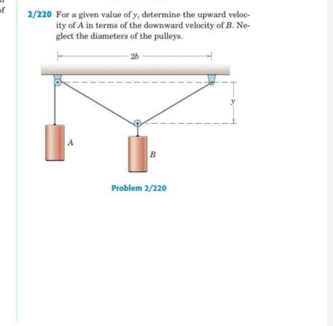 of
2/220 For a given value of y, determine the upward veloc-
ity of A in terms of the downward velocity of B. Ne-
glect the diameters of the pulleys.
2b
А
B
Problem 2/220
