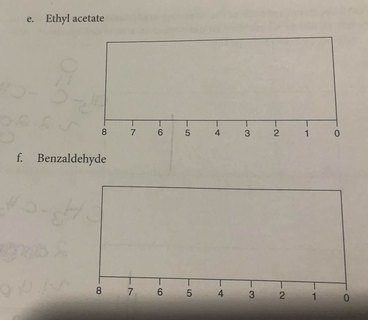 e. Ethyl acetate
8
7
9.
4
1
f. Benzaldehyde
8.
7
6 5
4
3.
