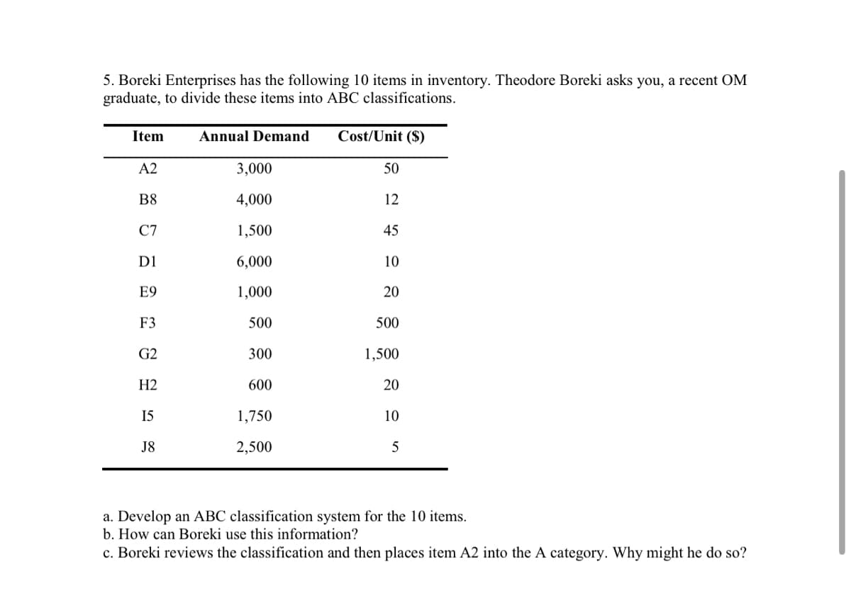 5. Boreki Enterprises has the following 10 items in inventory. Theodore Boreki asks you, a recent OM
graduate, to divide these items into ABC classifications.
Cost/Unit ($)
Item
Annual Demand
A2
3,000
50
B8
4,000
12
C7
1,500
45
D1
6,000
10
E9
1,000
20
F3
500
500
G2
300
1,500
H2
600
20
I5
1,750
10
J8
2,500
5
a. Develop an ABC classification system for the 10 items.
b. How can Boreki use this information?
c. Boreki reviews the classification and then places item A2 into the A category. Why might he do so?