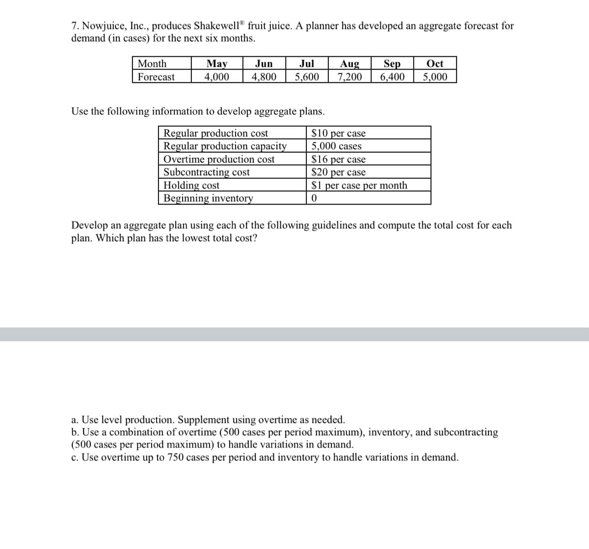 7. Nowjuice, Inc., produces Shakewell fruit juice. A planner has developed an aggregate forecast for
demand (in cases) for the next six months.
Month
May
Jun
Jul
Forecast
4,000 4,800 5,600
Aug Sep
7,200
Oct
6,400
5,000
Use the following information to develop aggregate plans.
Regular production cost
Regular production capacity
Overtime production cost
Subcontracting cost
Holding cost
Beginning inventory
$10 per case
5,000 cases
$16 per case
$20 per case
$1 per case per month
0
Develop an aggregate plan using each of the following guidelines and compute the total cost for each
plan. Which plan has the lowest total cost?
a. Use level production. Supplement using overtime as needed.
b. Use a combination of overtime (500 cases per period maximum), inventory, and subcontracting
(500 cases per period maximum) to handle variations in demand.
c. Use overtime up to 750 cases per period and inventory to handle variations in demand.