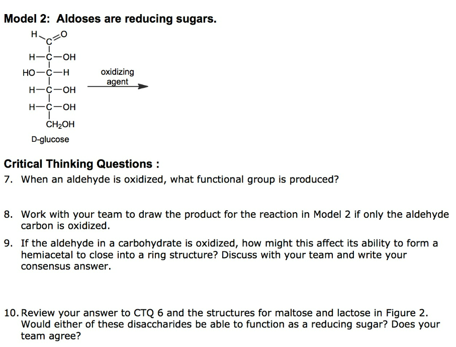 Model 2: Aldoses are reducing sugars.
H.
C
H-C-OH
HO-C-H
H-C-OH
H-C-OH
I
CH₂OH
D-glucose
oxidizing
agent
Critical Thinking Questions :
7. When an aldehyde is oxidized, what functional group is produced?
8. Work with your team to draw the product for the reaction in Model 2 if only the aldehyde
carbon is oxidized.
9. If the aldehyde in a carbohydrate is oxidized, how might this affect its ability to form a
hemiacetal to close into a ring structure? Discuss with your team and write your
consensus answer.
10. Review your answer to CTQ 6 and the structures for maltose and lactose in Figure 2.
Would either of these disaccharides be able to function as a reducing sugar? Does your
team agree?