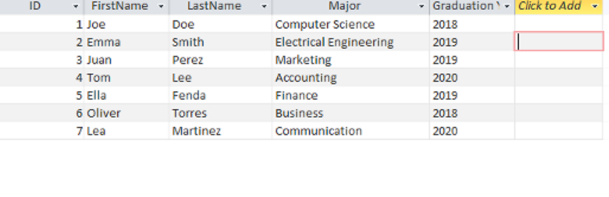 ID
FirstName *
1 Joe
2 Emma
3 Juan
4 Tom
5 Ella
6 Oliver
7 Lea
LastName
Doe
Smith
Perez
Lee
Fenda
Torres
Martinez
Major
Computer Science
Electrical Engineering
Marketing
Accounting
Finance
Business
Communication
Graduation - Click to Add
2018
2019
2019
2020
2019
2018
2020