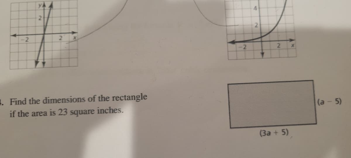 2
-2
2
. Find the dimensions of the rectangle
if the area is 23 square inches.
-2
4
2
2
(3a + 5)
x
(a-5)
