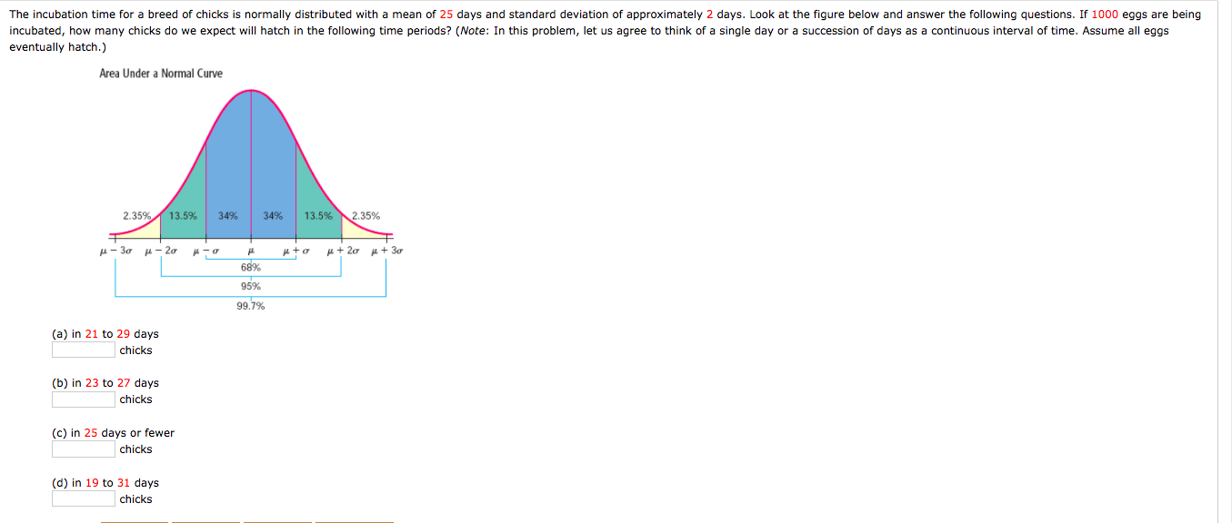 The incubation time for a breed of chicks is normally distributed with a mean of 25 days and standard deviation of approximately 2 days. Look at the figure below and answer the following questions. If 1000 eggs are being
incubated, how many chicks do we expect will hatch in the following time periods? (Note: In this problem, let us agree to think of a single day or
succession of days as a continuous interval of time. Assume all eggs
eventually hatch.)
Area Under a Normal Curve
2.35%
13.5%
34%
34%
13.5% 2.35%
u- 30
u- 20
u+ 20
68%
95%
99.7%
(a) in 21 to 29 days
chicks
(b) in 23 to 27 days
chicks
(c) in 25 days or fewer
chicks
(d) in 19 to 31 days
chicks
