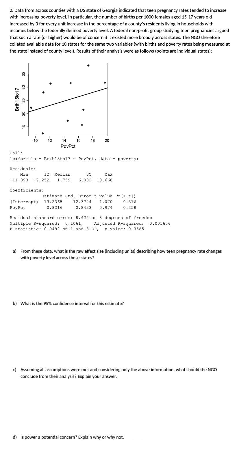 2. Data from across counties with a US state of Georgia indicated that teen pregnancy rates tended to increase
with increasing poverty level. In particular, the number of births per 1000 females aged 15-17 years old
increased by 3 for every unit increase in the percentage of a county's residents living in households with
incomes below the federally defined poverty level. A federal non-profit group studying teen pregnancies argued
that such a rate (or higher) would be of concern if it existed more broadly across states. The NGO therefore
collated available data for 10 states for the same two variables (with births and poverty rates being measured at
the state instead of county level). Results of their analysis were as follows (points are individual states):
Brth 15to17
25 30
20
10
=
12
Coefficients:
PovPct
14
PovPct
16
Call:
1m (formula Brth15to17 PovPct, data = poverty)
18
Residuals:
Min
10 Median
3Q
-11.093 -7.252 1.759 6.002
20
Max
10.668
Estimate Std. Error t value Pr (>|t|)
(Intercept) 13.2365 12.3744 1.070
0.8216 0.8433 0.974
0.316
0.358
Residual standard error: 8.422 on 8 degrees of freedom
Multiple R-squared: 0.1061, Adjusted R-squared: 0.005676
F-statistic: 0.9492 on 1 and 8 DF, p-value: 0.3585
a) From these data, what is the raw effect size (including units) describing how teen pregnancy rate changes
with poverty level across these states?
b) What is the 95% confidence interval for this estimate?
c) Assuming all assumptions were met and considering only the above information, what should the NGO
conclude from their analysis? Explain your answer.
d) Is power a potential concern? Explain why or why not.