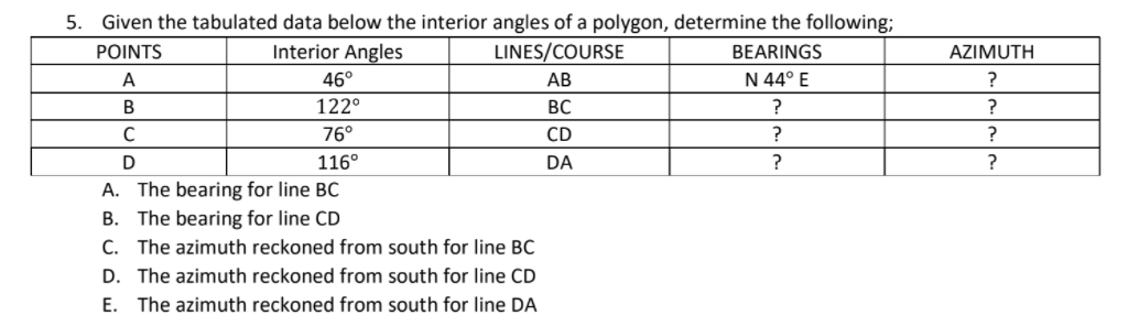 5. Given the tabulated data below the interior angles of a polygon, determine the following;
POINTS
Interior Angles
LINES/COURSE
BEARINGS
AZIMUTH
A
46°
АВ
N 44° E
?
122°
BC
?
C
76°
CD
D
116°
DA
?
?
A. The bearing for line BC
B. The bearing for line CD
C. The azimuth reckoned from south for line BC
D. The azimuth reckoned from south for line CD
E. The azimuth reckoned from south for line DA
