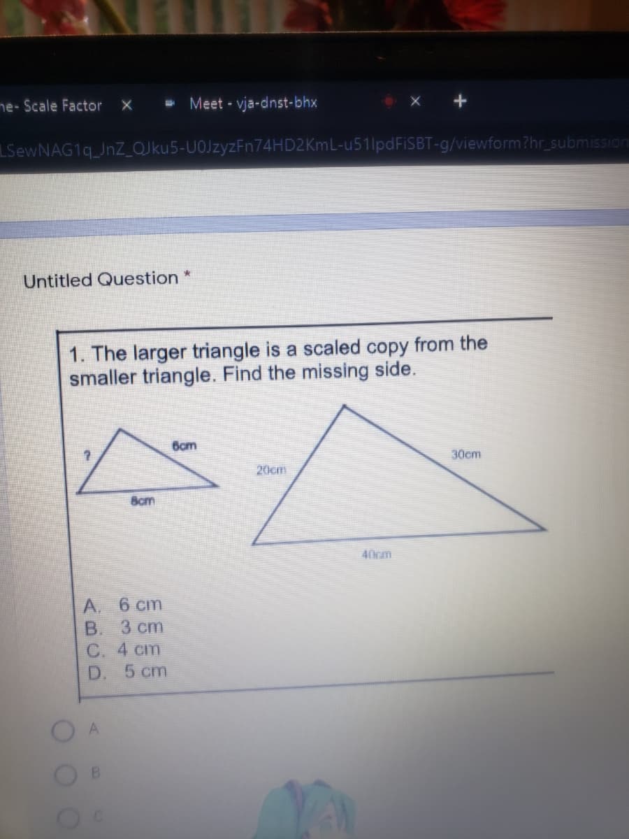 1. The larger triangle is a scaled copy from the
smaller triangle. Find the missing side.
6cm
30cm
20cm
Bcm
40cm
