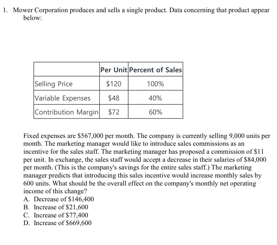 1. Mower Corporation produces and sells a single product. Data concerning that product appear
below:
Per Unit Percent of Sales
Selling Price
$120
100%
Variable Expenses
$48
40%
Contribution Margin $72
60%
Fixed expenses are $567,000 per month. The company is currently selling 9,000 units per
month. The marketing manager would like to introduce sales commissions as an
incentive for the sales staff. The marketing manager has proposed a commission of $11
per unit. In exchange, the sales staff would accept a decrease in their salaries of $84,000
per month. (This is the company's savings for the entire sales staff.) The marketing
manager predicts that introducing this sales incentive would increase monthly sales by
600 units. What should be the overall effect on the company's monthly net operating
income of this change?
A. Decrease of $146,400
B. Increase of $21,600
C. Increase of $77,400
D. Increase of $669,600
