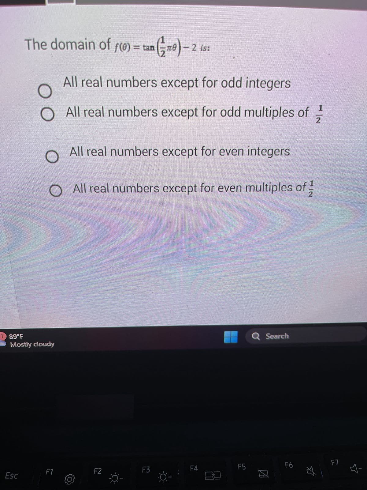 ### Determining the Domain of the Function

**Problem Statement:**
The domain of 
\[ f(\theta) = \tan\left(\frac{1}{2}\pi\theta\right) - 2 \]
is:

**Options:**
1. All real numbers except for odd integers
2. All real numbers except for odd multiples of \(\frac{1}{2}\)
3. All real numbers except for even integers
4. All real numbers except for even multiples of \(\frac{1}{2}\)

**Explanation:**
To determine the domain of the given function, we need to identify values of \( \theta \) for which the function is undefined.

- The tangent function, \(\tan(x)\), is undefined for:
\[ x = \frac{\pi}{2} + k\pi \quad \text{where } k \text{ is any integer} \]

In our function, \( x = \frac{1}{2}\pi\theta \).
- Therefore,
\[ \frac{1}{2}\pi\theta = \frac{\pi}{2} + k\pi \]
- Solving for \( \theta \):
\[ \theta = 1 + 2k \quad \text{where } k \text{ is any integer} \]

Thus, \( \theta \) is undefined for odd integers.  
  
**Correct Answer:**
- \(\quad\) \(\bigcirc\) All real numbers except for odd integers