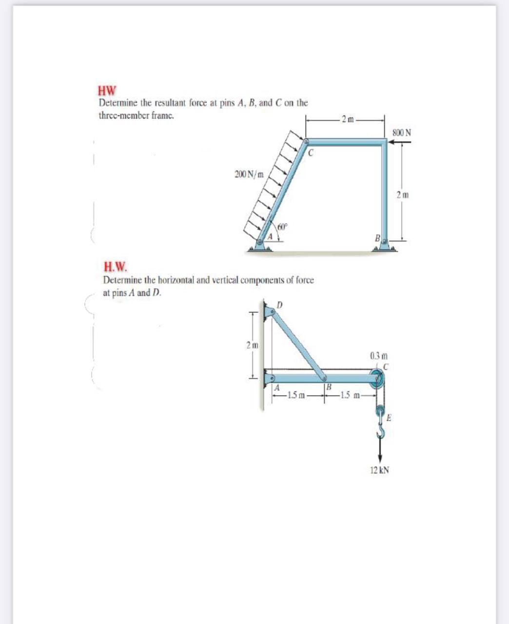 HW
Determine the resultant force at pins A, B, and C on the
three-member framc.
2 m
800 N
200 N/m
2m
60
H.W.
Determine the horizontal and vertical components of force
at pins A and D.
2 m
0.3 m
-15m-
-1.5 m
12 kN
