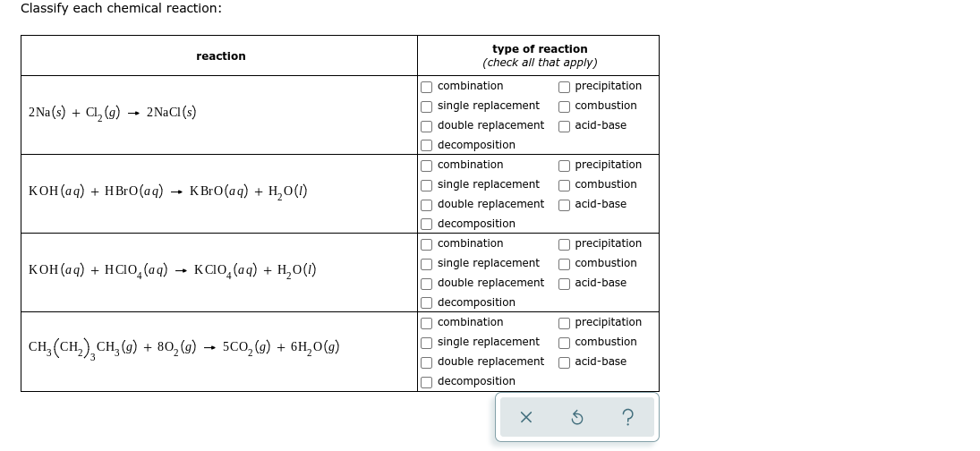 Classify each chemical reaction:
type of reaction
(check all that apply)
reaction
O combination
O precipitation
O single replacement
O double replacement O acid-base
O decomposition
O combustion
2Na(s) + Cl, (g)
- 2NACI (s)
O combination
O single replacement
O double replacement O acid-base
O precipitation
O combustion
кон (аq) + HBrО (aq) — КBro(аq) + Н,0()
O decomposition
O combination
O precipitation
O single replacement
O double replacement
O decomposition
O combustion
кон(аq) + HCI0,(аq) — као, (аq) + H,о()
O acid-base
O combination
O precipitation
O single replacement
O double replacement O acid-base
O combustion
CH, (CH,),CH, (9)
+ 80, (g)
5co, (9) + 6H,0(g)
O decomposition
