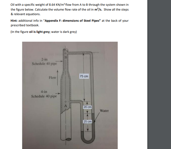 Oil with a specific weight of 8.64 KN/m²flow from A to B through the system shown in
the figure below. Calculate the volume flow rate of the oil in m'/s. Show all the steps
& relevant equations.
Hint: additional info in "Appendix F: dimensions of Steel Pipes" at the back of your
prescribed textbook.
(In the figure oil is light grey; water is dark grey)
2-in
Schedule 40 pipe
75 cm
Flow
4-in
Schedule 40 pipe
20 cm
Water
25 cm
