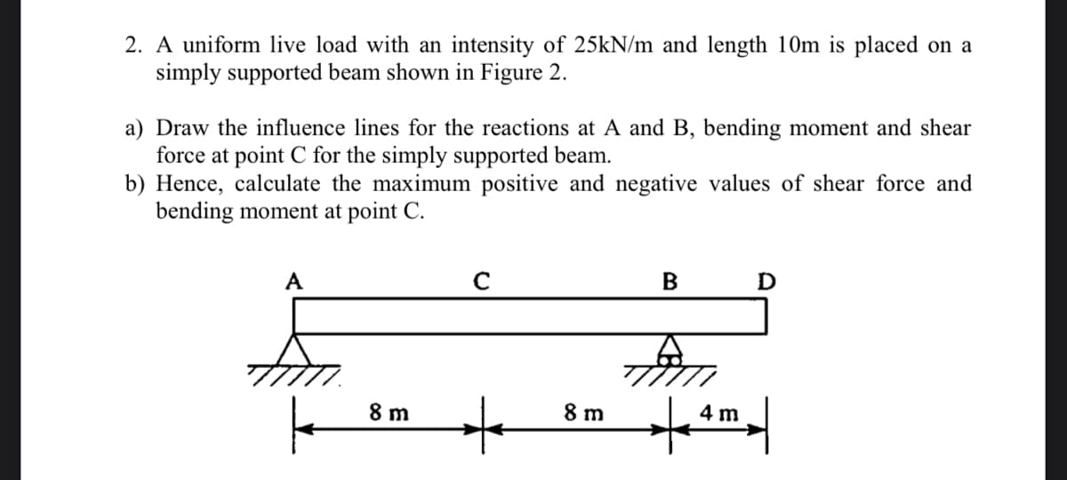 2. A uniform live load with an intensity of 25kN/m and length 10m is placed on a
simply supported beam shown in Figure 2.
a) Draw the influence lines for the reactions at A and B, bending moment and shear
force at point C for the simply supported beam.
b) Hence, calculate the maximum positive and negative values of shear force and
bending moment at point C.
A
8 m
с
8 m
B
tu
܂ ܢ
4 m
D