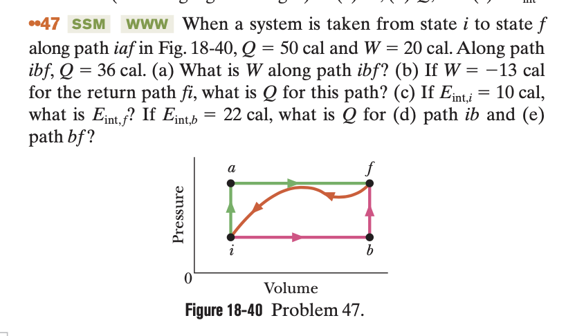 ..47 SSM www When a system is taken from state i to state f
along path iaf in Fig. 18-40, Q = 50 cal and W = 20 cal. Along path
ibf, Q = 36 cal. (a) What is W along path ibf? (b) If W = -13 cal
for the return path fi, what is Q for this path? (c) If Eint,i = 10 cal,
what is Eint,f? If Eint,b = 22 cal, what is Q for (d) path ib and (e)
path bf?
Pressure
a
Volume
Figure 18-40 Problem 47.
b