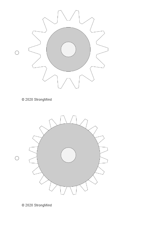 **Understanding Gears: An Overview**

Gears are fundamental components in mechanical systems that transmit power and motion between machine parts. They are essential in various applications, from simple machinery to complex industrial equipment.

### Diagram Explanation

In the provided image, there are two diagrams of gears highlighted with the following characteristics:

1. **Top Gear:**
   - **Teeth:** This gear has fewer teeth (10 visible teeth), which matches the shape and size of the teeth with accurate angular spacing.
   - **Internal Cutout:** The central area of the gear is cut in a circular form, indicating where the gear might be mounted on a shaft.
   - **Spokes:** There are no extra spokes visible inside this gear, suggesting a simple, robust design.
   - **Labeling:** The gear is labeled “© 2020 StrongMind.”

2. **Bottom Gear:**
   - **Teeth:** This gear has more teeth (16 visible teeth) compared to the top gear, which means it would achieve a different gear ratio when meshed with another gear.
   - **Internal Cutout:** Similar to the top gear, this gear also has a central circular cutout for shaft mounting.
   - **Spokes:** This gear does not show additional internal spokes, following a straightforward design.
   - **Labeling:** As with the top gear, this gear is labeled “© 2020 StrongMind.”

### Gear Functionality and Design:

Gears like the ones depicted are used to adjust speed, torque, and direction of a power source. The significant difference in the number of teeth outlines that these gears will interact differently in a gear train. Here’s a brief explanation of two essential aspects:

1. **Gear Ratio:**
   - The ratio of the number of teeth on two meshed gears determines the gear ratio. A gear with fewer teeth (top gear) will turn faster but with less torque, whereas a gear with more teeth (bottom gear) will rotate slower but provide more torque.

2. **Applications:**
   - The top gear with fewer teeth could be used in applications requiring fast but less forceful movements, such as small motors.
   - The bottom gear with more teeth would be suitable in scenarios needing slower, forceful motions, making it ideal for machinery requiring substantial torque.

Understanding the fundamental differences in gear design helps in selecting the right gear for specific mechanical functions. This visualization provides a basic but insightful look at how gears function and interact within mechanical systems