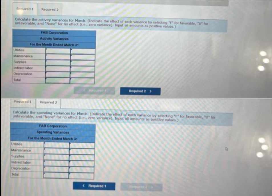 Required 1 Required 2
Calculate the activity variances for March. (Indicate the effect of each variance by selecting "F" for favorable, "U" for
unfavorable, and "None" for no effect (i.e., zero variance). Input all amounts as positive values.)
Utilities
FAB Corporation
Activity Variances
For the Month Ended March 31
Maintenance
Supplies
Indirect labor
Depreciation
Total
Required 1 Required 2
Calculate the spending variances for March. (Indicate the effect of each variance by selecting "F" for favorable, "U" for
unfavorable, and "None" for no effect (i.e., zero variance). Input all amounts as positive values.)
FAB Corporation
Spending Variances
For the Month Ended March 31
Utibes
Maintenance
Supplies
Indirect labor
Depreciation
Total
Required 2 >
< Required 1