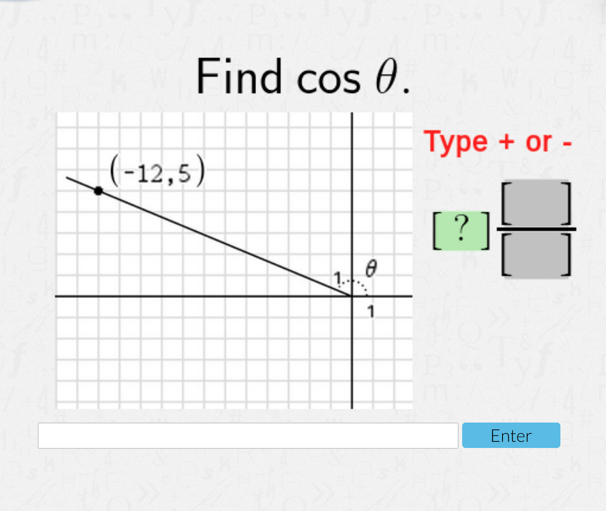 Find cos 0.
Туре + or -
(-12,5)
[?]
1.
1.
Enter
