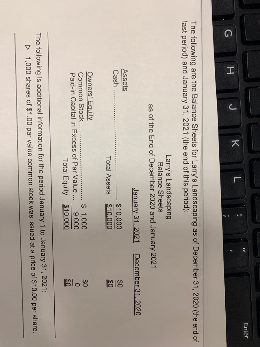 Enter
J
The following are the Balance Sheets for Larry's Landscaping as of December 31, 2020 (the end of
last period) and January 31, 2021 (the end of this period):
Larry's Landscaping
Balance Sheets
as of the End of December 2020 and January 2021
January 31, 2021
December 31, 2020
Assets
Cash
$10,000
$0
Total Assets
$10,000
$0
Owners' Equity
$ 1,000
9,000
Common Stock
$0
Paid-in Capital in Excess of Par Value ...
Total Equity
$10,000
$0
The following is additional information for the period January 1 to January 31, 2021:
D 1,000 shares of $1.00 par value common stock was issued at a price of $10.00 per share.
