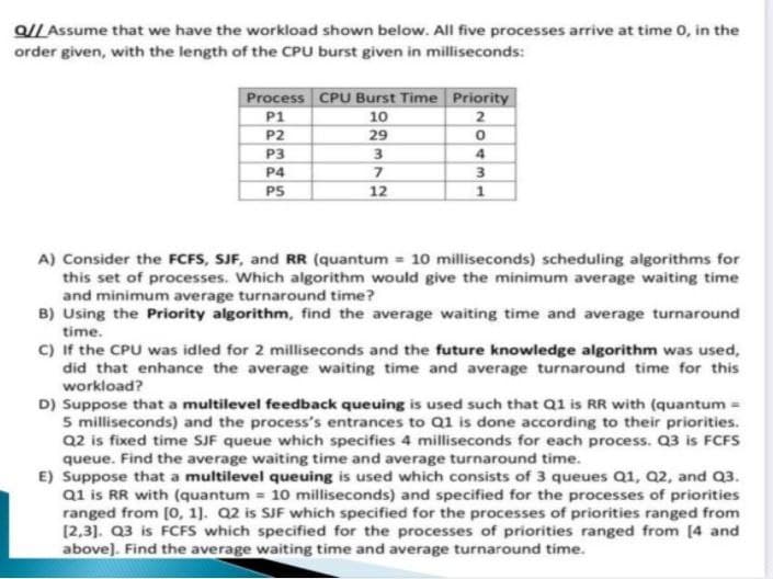 Q// Assume that we have the workload shown below. All five processes arrive at time o, in the
order given, with the length of the CPU burst given in milliseconds:
Process CPU Burst Time Priority
2
P1
10
P2
29
P3
3
4
P4
PS
12
A) Consider the FCFS, SJF, and RR (quantum = 10 milliseconds) scheduling algorithms for
this set of processes. Which algorithm would give the minimum average waiting time
and minimum average turnaround time?
B) Using the Priority algorithm, find the average waiting time and average turnaround
time.
C) If the CPU was idled for 2 milliseconds and the future knowledge algorithm was used,
did that enhance the average waiting time and average turnaround time for this
workload?
D) Suppose that a multilevel feedback queuing is used such that Q1 is RR with (quantum =
5 milliseconds) and the process's entrances to Q1 is done according to their priorities.
Q2 is fixed time SJF queue which specifies 4 milliseconds for each process. Q3 is FCFS
queue. Find the average waiting time and average turnaround time.
E) Suppose that a multilevel queuing is used which consists of 3 queues Q1, Q2, and Q3.
a1 is RR with (quantum = 10 milliseconds) and specified for the processes of priorities
ranged from [0, 1]. Q2 is SJF which specified for the processes of priorities ranged from
[2,3). Q3 is FCFS which specified for the processes of priorities ranged from [4 and
above]. Find the average waiting time and average turnaround time.
