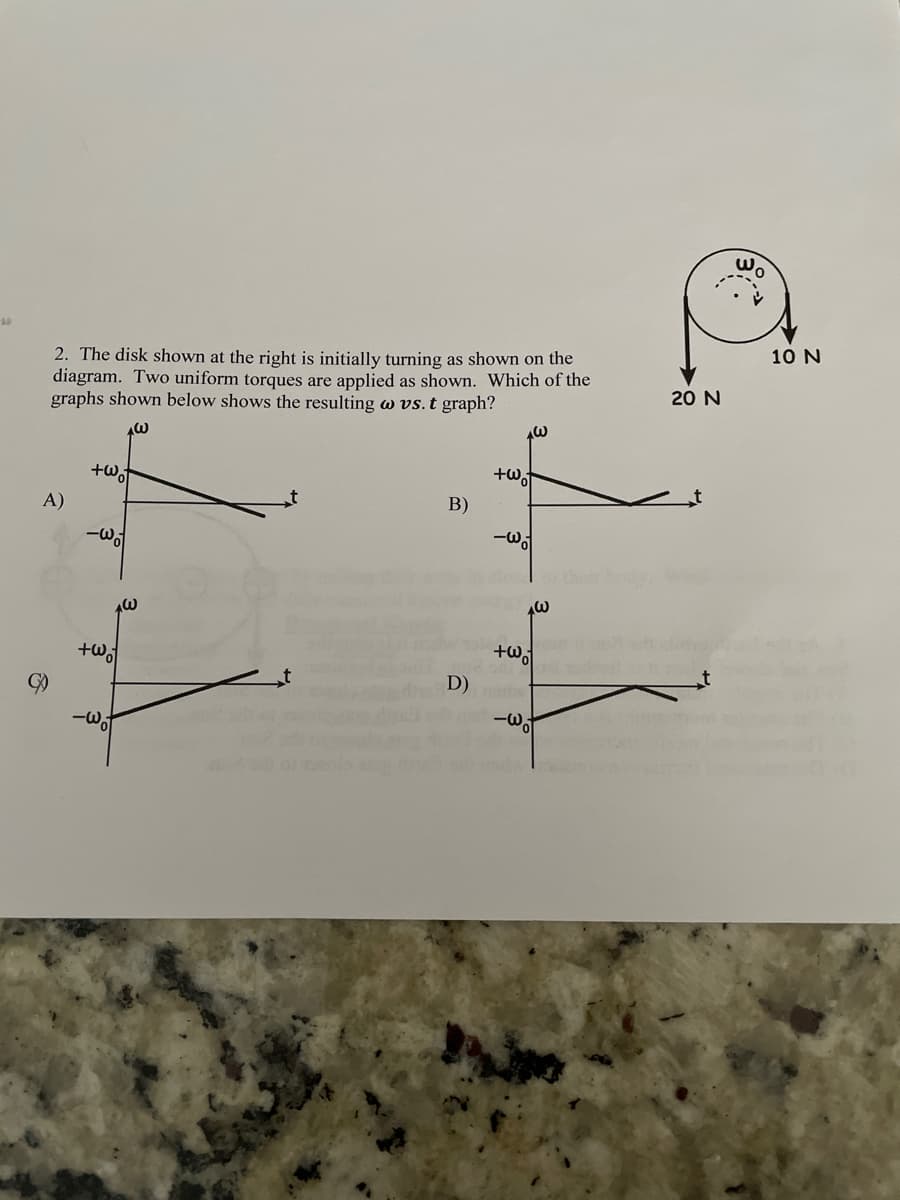 2. The disk shown at the right is initially turning as shown on the
diagram. Two uniform torques are applied as shown. Which of the
graphs shown below shows the resulting w vs.t graph?
10 N
20 N
A)
В)
D)
