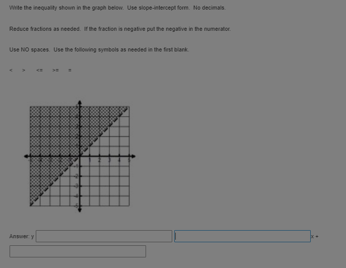 Write the inequality shown in the graph below. Use slope-intercept form. No decimals.
Reduce fractions as needed. If the fraction is negative put the negative in the numerator.
Use NO spaces. Use the following symbols as needed in the first blank.
Answer: y
>=
=