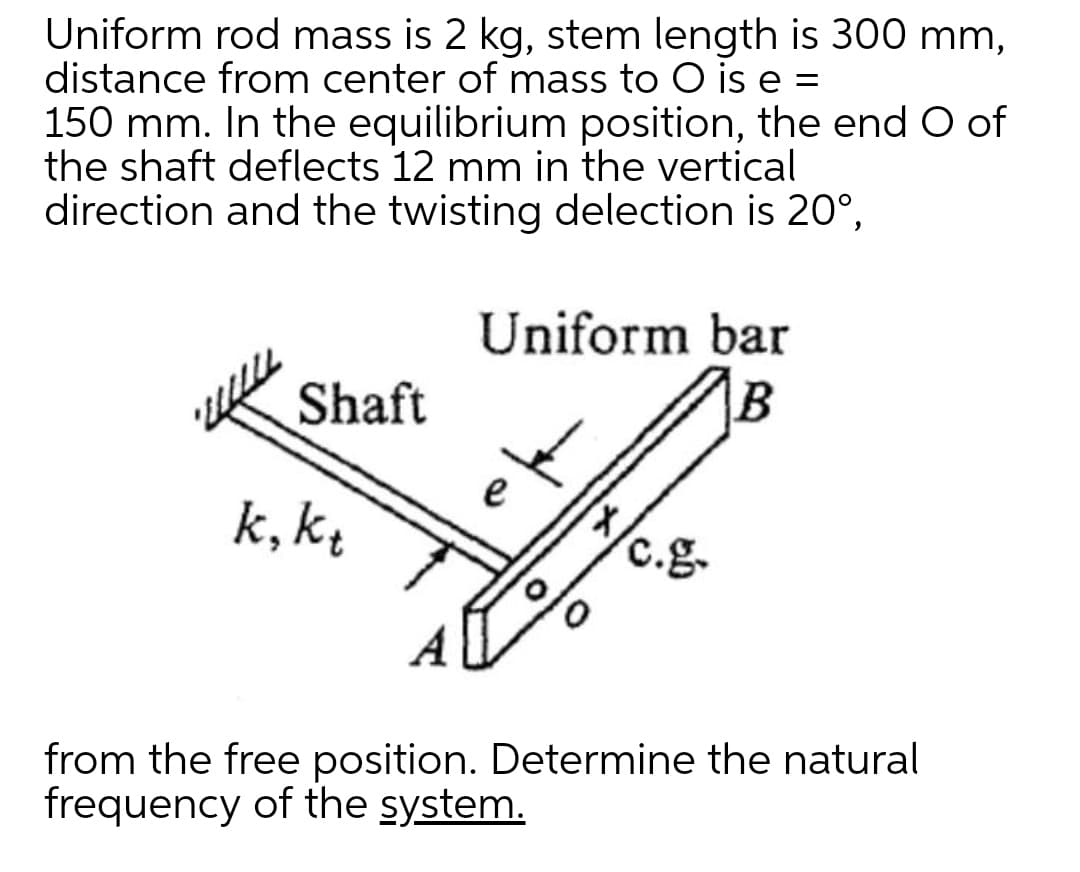 Uniform rod mass is 2 kg, stem length is 300 mm,
distance from center of mass to O is e =
150 mm. In the equilibrium position, the end O of
the shaft deflects 12 mm in the vertical
direction and the twisting delection is 20°,
Uniform bar
Shaft
k, k
c.g.
from the free position. Determine the natural
frequency of the system.
