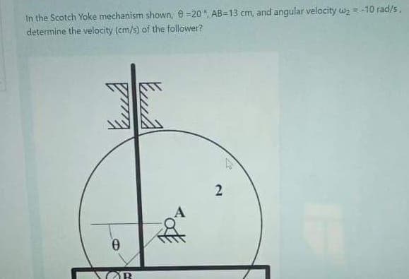 In the Scotch Yoke mechanism shown, e=20", AB=13 cm, and angular velocity wz = -10 rad/s.
determine the velocity (cm/s) of the follower?
2.
