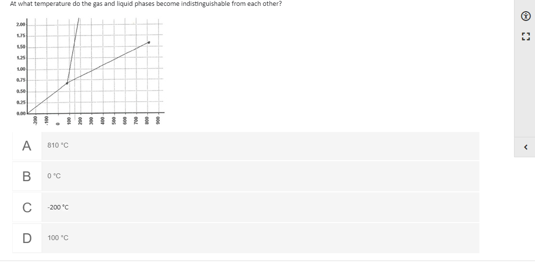At what temperature do the gas and liquid phases become indistinguishable from each other?
2.00
1.75
1.50
1.25
1.00
0.75
0.50
0.25
0.00
A
B
C
8
810 °C
0 °C
-200 °C
100 °C
[]