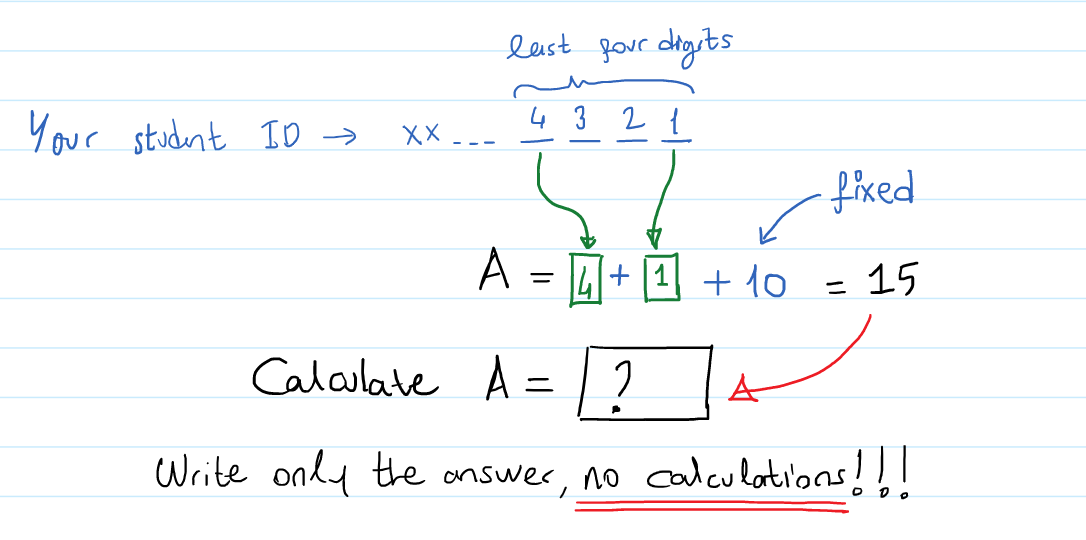 last fovr digits
43 2{
Your student IO →
XX --
fiked
A
+ 10
+ |1
= 15
%3D
Calalate A =
Write only the onswer, no calculatilons!!!
