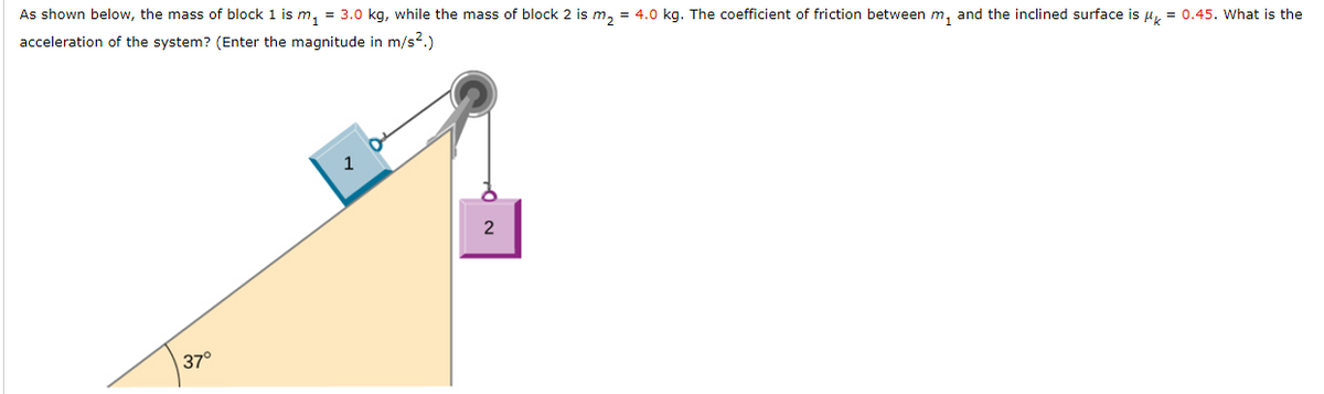 As shown below, the mass of block 1 is m, = 3.0 kg, while the mass of block 2 is m, = 4.0 kg. The coefficient of friction between m, and the inclined surface is u, = 0.45. What is the
acceleration of the system? (Enter the magnitude in m/s?.)
37°
