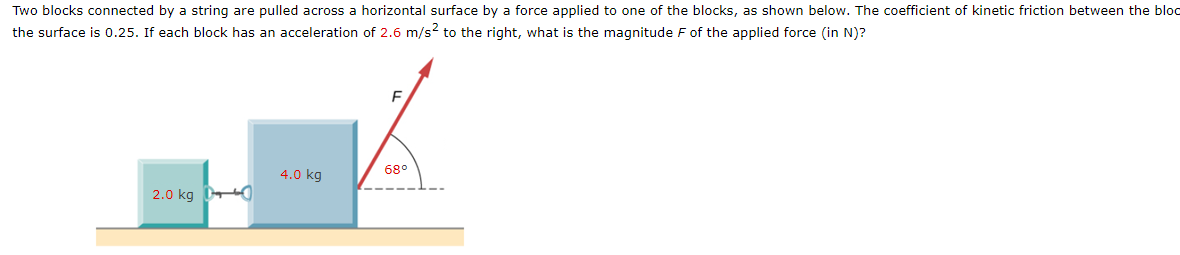 Two blocks connected by a string are pulled across a horizontal surface by a force applied to one of the blocks, as shown below. The coefficient of kinetic friction between the bloc
the surface is 0.25. If each block has an acceleration of 2.6 m/s2 to the right, what is the magnitude F of the applied force (in N)?
4.0 kg
68°
2.0 kg O
