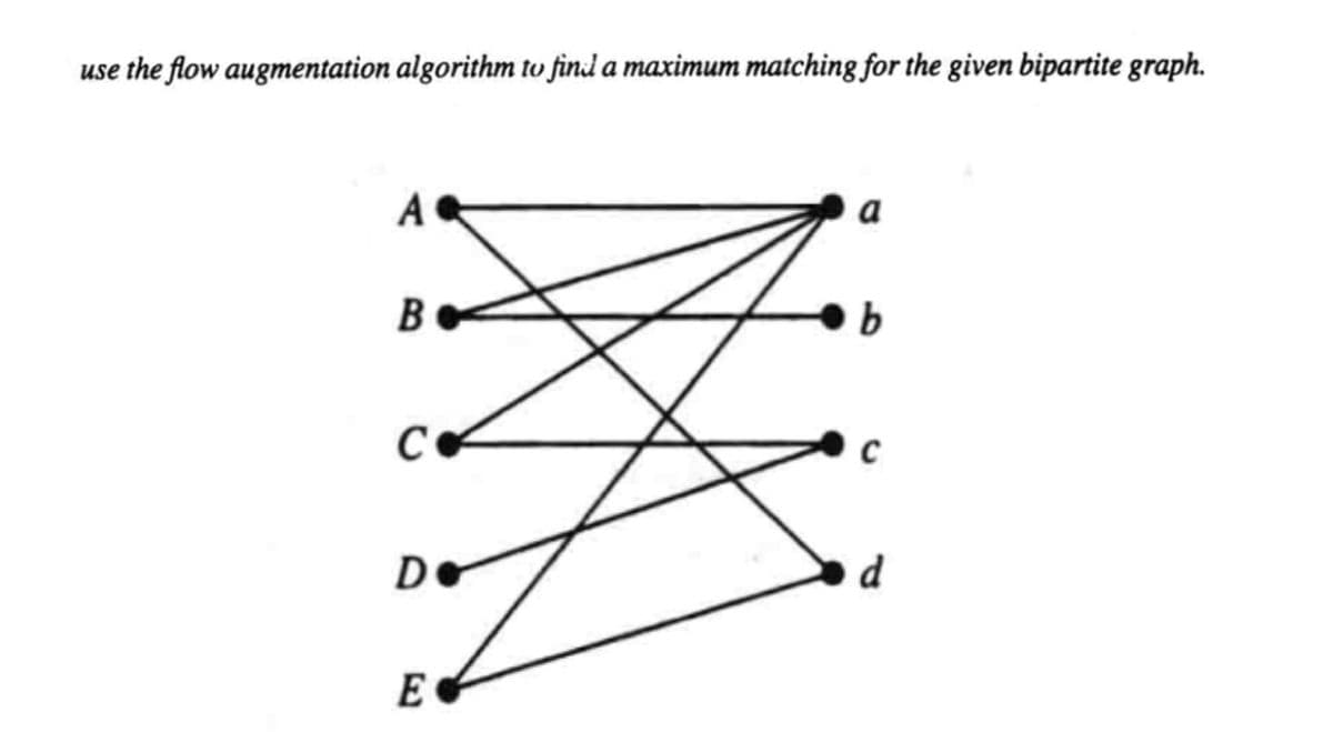 use the flow augmentation algorithm to find a maximum matching for the given bipartite graph.
A
B
С.
De
EC
b
d