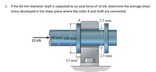 1. If the 60 mm diameter shaft is subjected to an axial force of 10 kN, determine the average shear
stress developed in the shear plane where the collar A and shaft are connected.
2.5 mm
60 mm 100 mm
10 kN
2.5 mm
15 mm
