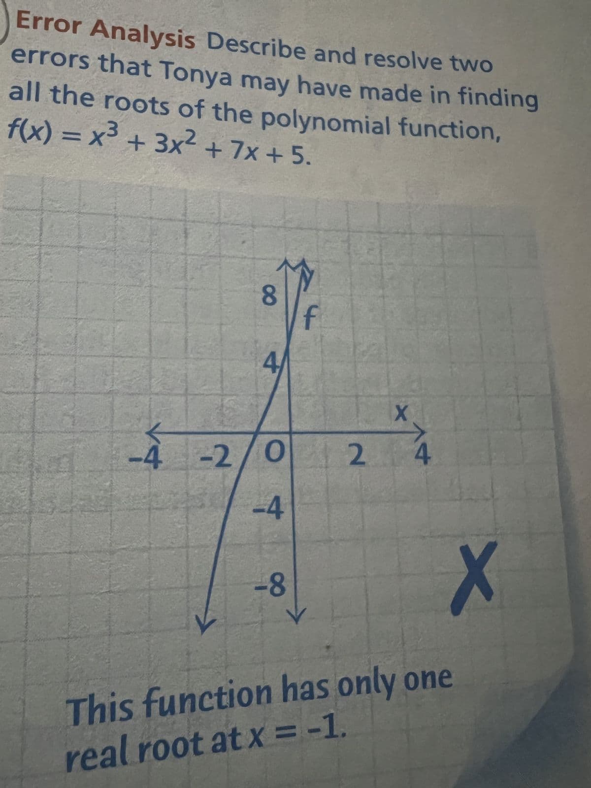 Error Analysis Describe and resolve two
errors that Tonya may have made in finding
all the roots of the polynomial function,
f(x) = x³ + 3x² + 7x + 5.
8
V+
X
4 -2/0
0 2 4
-4
f
-8
X
This function has only one
real root at x = -1.