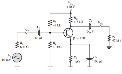 Vcc
+10 V
Rc
4.7 kN
V sal
R1
47 kN
10μF
10 µF
B = 150
RL
47 kl
R,
600 N
R2
10 kN
RE
1 kN
* 100 µF
10 mV
