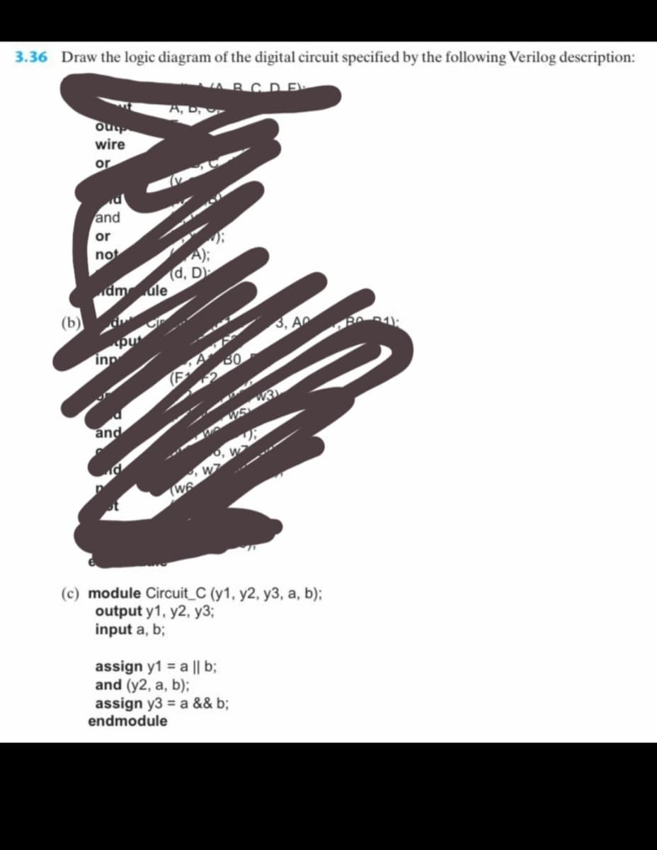 3.36 Draw the logic diagram of the digital circuit specified by the following Verilog description:
ARCD E
A, D,
wire
or
and
or
not
dm
úle
3, An
inp
and
--- WR
The
(c) module Circuit_C (y1, y2, y3, a, b);
output y1, y2, y3;
input a, b;
assign y1 = a || b;
and (y2, a, b);
assign y3 = a && b;
endmodule
