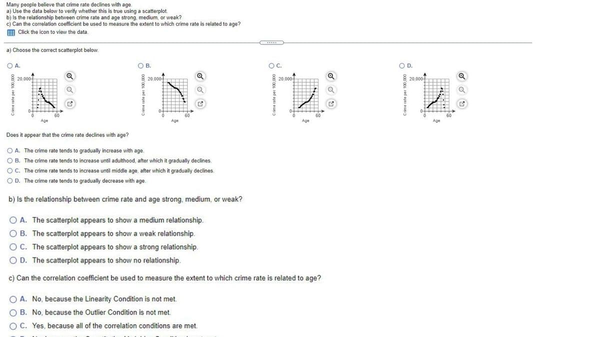Many people believe that crime rate declines with age.
a) Use the data below to verify whether this is true using a scatterplot.
b) Is the relationship between crime rate and age strong, medium, or weak?
c) Can the correlation coefficient be used to measure the extent to which crime rate is related to age?
E Click the icon to view the data.
a) Choose the correct scatterplot below.
O A.
O B.
OC.
OD.
20,000-
20,000-
20,000-
20,000-
0-
Age
Age
Age
Age
Does it appear that the crime rate declines with age?
O A. The crime rate tends to gradually increase with age.
B. The crime rate tends to increase until adulthood, after which it gradually declines.
OC. The crime rate tends to increase until middle age, after which it gradually declines.
O D. The crime rate tends to gradually decrease with age.
b) Is the relationship between crime rate and age strong, medium, or weak?
O A. The scatterplot appears to show a medium relationship.
B. The scatterplot appears to show a weak relationship.
O C. The scatterplot appears to show a strong relationship.
O D. The scatterplot appears to show no relationship.
c) Can the correlation coefficient be used to measure the extent to which crime rate is related to age?
O A. No, because the Linearity Condition is not met.
B. No, because the Outlier Condition is not met.
O C. Yes, because all of the correlation conditions are met.
