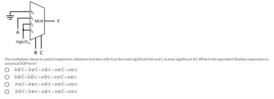 MUX
Y
High/Ve
в с
The multiplexer above is used to implement a Boolean function with A as the most significant bit and Cas least significant bit. What is the equivalent Boolean expression in
canonical SOP form?
O ABC• AB°C + AB"C + A'BC + A'B*C
O BC+ÃB°C + ABC+ A'B'C+ ABC
AB'C+ A'BC+ ABC+ A'B'C+ ABc
