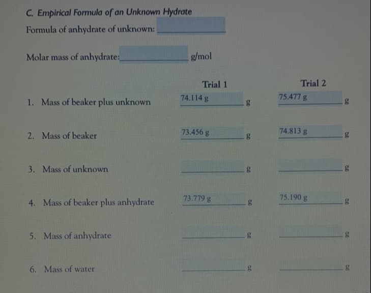 C. Empirical Formula of an Unknown Hydrate
Formula of anhydrate of unknown:
Molar mass of anhydrate:
g/mol
Trial 1
Trial 2
1. Mass of beaker plus unknown
74.114 g
75.477 g
g
2. Mass of beaker
73.456 g
74.813 g
3. Mass of unknown
73.779 g
75.190 g
4. Mass of beaker plus anhydrate
5. Mass of anhydrate
6. Mass of water
of
br
