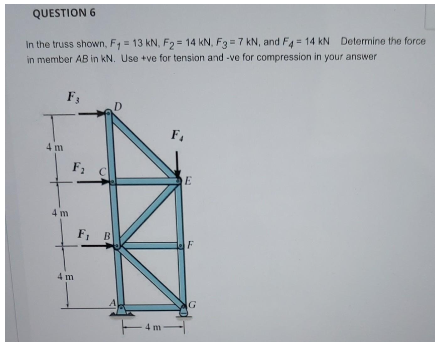 QUESTION 6
In the truss shown, F₁ = 13 kN, F₂ = 14 kN, F3 = 7 kN, and F4 = 14 kN Determine the force
in member AB in kN. Use +ve for tension and -ve for compression in your answer
4 m
F3
4 m
F₂
4 m
C
F₁ B
A
F4
14m-
E
F
G