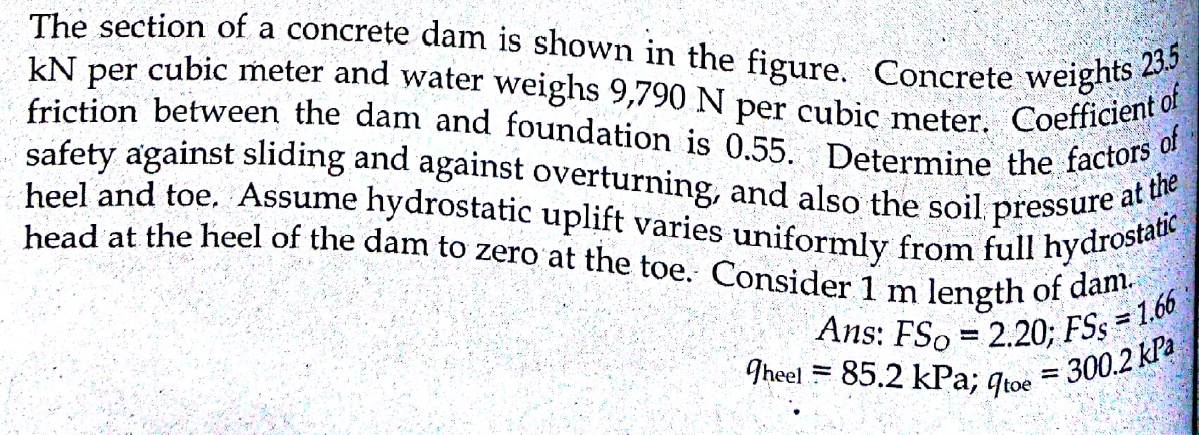 Ans: FSo = 2.20; FSs = 1.66
kN per cubic meter and water weighs 9,790 N per cubic meter. Coefficient of
friction between the dam and foundation is 0.55. Determine the factors 0
head at the heel of the dam to zero at the toe. Consider 1 m length of dam.
The section of a concrete dam is shown in the figure. Concrete weights 4
safety against sliding and against overturning, and also the soil pressure at the
heel and toe. Assume hydrostatic uplift varies uniformly from full hydrostatic
23.5
of
%3D
9heel = 85.2 kPa; qtoe
300.2 kPa
