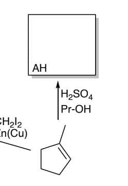 The image represents a chemical reaction that involves several components. Below is the detailed transcription:

1. **Reactants and Reagents:**
   - A cyclopentene ring (5-membered carbon ring with one double bond) is involved in the reaction.
   - Diiodomethane (CH2I2) with zinc copper couple as a reagent is shown.
   - Sulfuric acid (H2SO4) and propanol (Pr-OH) are also used in the reaction.

2. **Reaction Product:**
   - The resulting product is indicated in a rectangular box labeled "AH."

3. **Reaction Arrow:**
   - A reaction arrow points upwards from the cyclopentene structure to the AH-labeled box, signifying the direction of the chemical reaction.

This diagram suggests a chemical synthesis process involving the cyclopentene reacted with diiodomethane in the presence of zinc and copper, followed by a treatment with sulfuric acid and propanol to yield a product labeled "AH."

### Explanation for Educational Purposes:

This reaction illustration can be found in the context of organic synthesis where various reagents and conditions are employed to transform starting materials (cyclopentene) into desired products (AH compound). Here’s a breakdown for educational purposes:

1. **Cyclopentene** is a simple hydrocarbon with a five-membered ring and one double bond, commonly used as a starting material in many organic synthesis reactions.

2. **Diiodomethane (CH2I2) with Zn(Cu)** is employed typically in cyclopropanation reactions, where a methylene group is added to a double bond to form a cyclopropane ring. This reaction is also known as the Simmons–Smith reaction.

3. **Sulfuric acid (H2SO4) and propanol (Pr-OH)** are used in numerous organic reactions to facilitate various chemical transformations. Sulfuric acid is a common catalyst and dehydrating agent, while propanol can act as a solvent or participate in a reaction as a nucleophile or reductant.

4. The resulting product, labeled "AH," indicates a new compound formed through the reaction processes.

Understanding these concepts is essential for students of organic chemistry as they explore different reagents and their roles in synthetic pathways to transform starting materials into complex molecules.