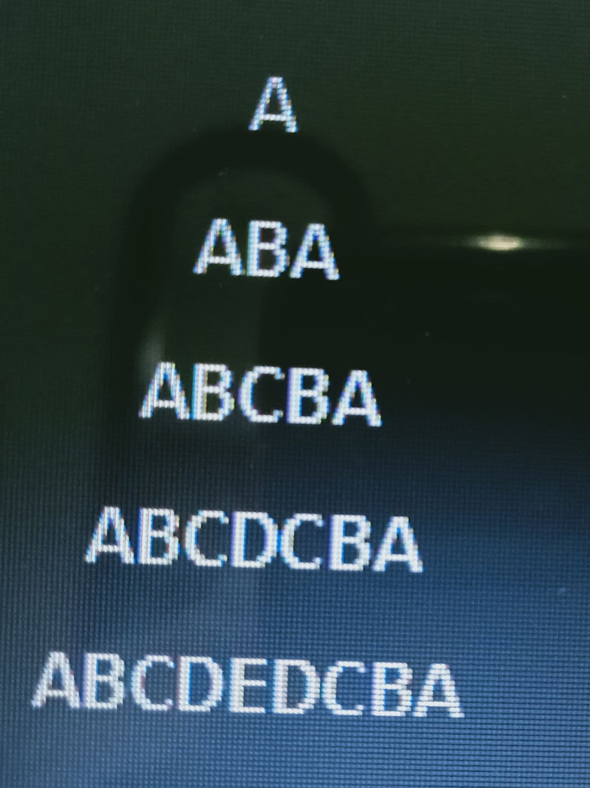 A
АВА
АВСВА
АBCDCBA
АВCDEDCBА
