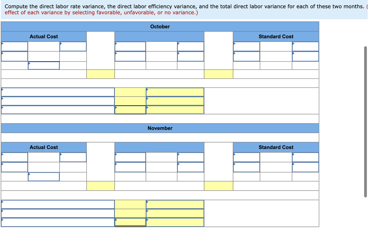 Compute the direct labor rate variance, the direct labor efficiency variance, and the total direct labor variance for each of these two months. (
effect of each variance by selecting favorable, unfavorable, or no variance.)
Actual Cost
Actual Cost
October
November
Standard Cost
Standard Cost